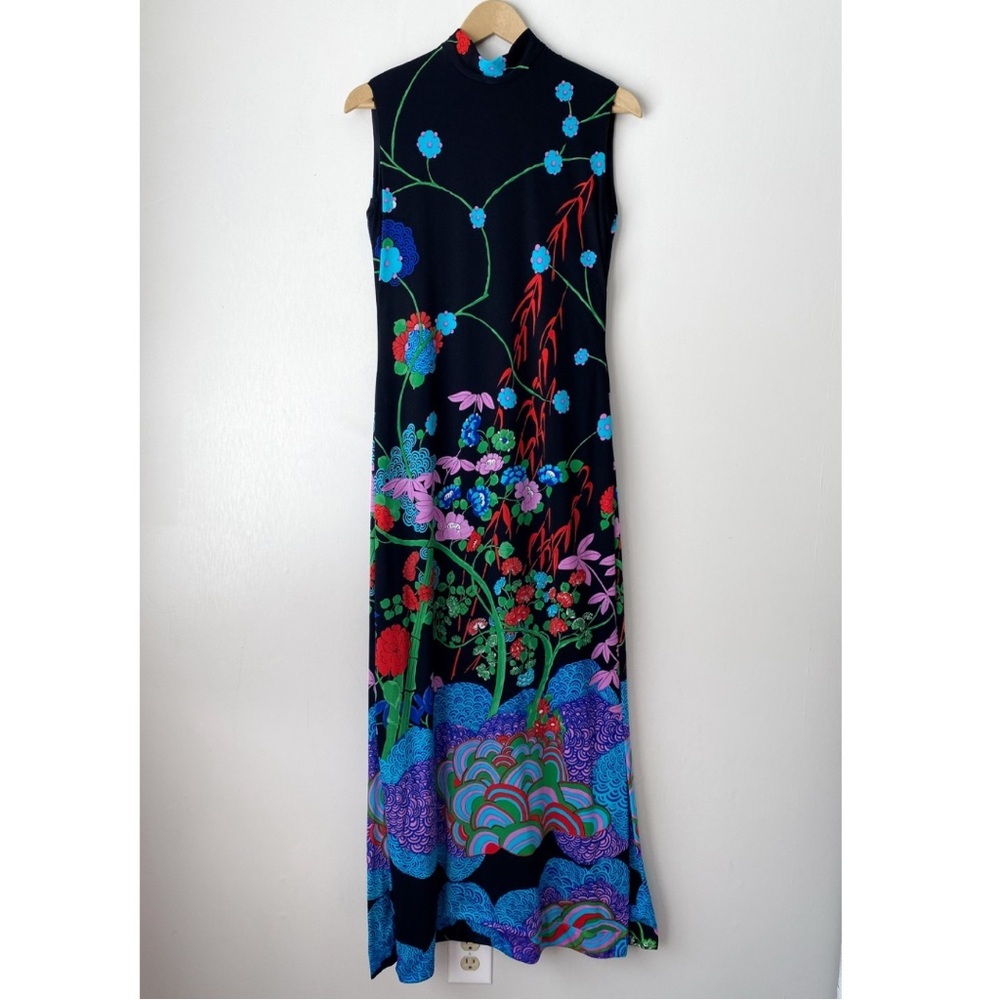 Vintage Adele Simpson Mock Neck Artsy Floral Print Sleeveless Maxi Dress S/M